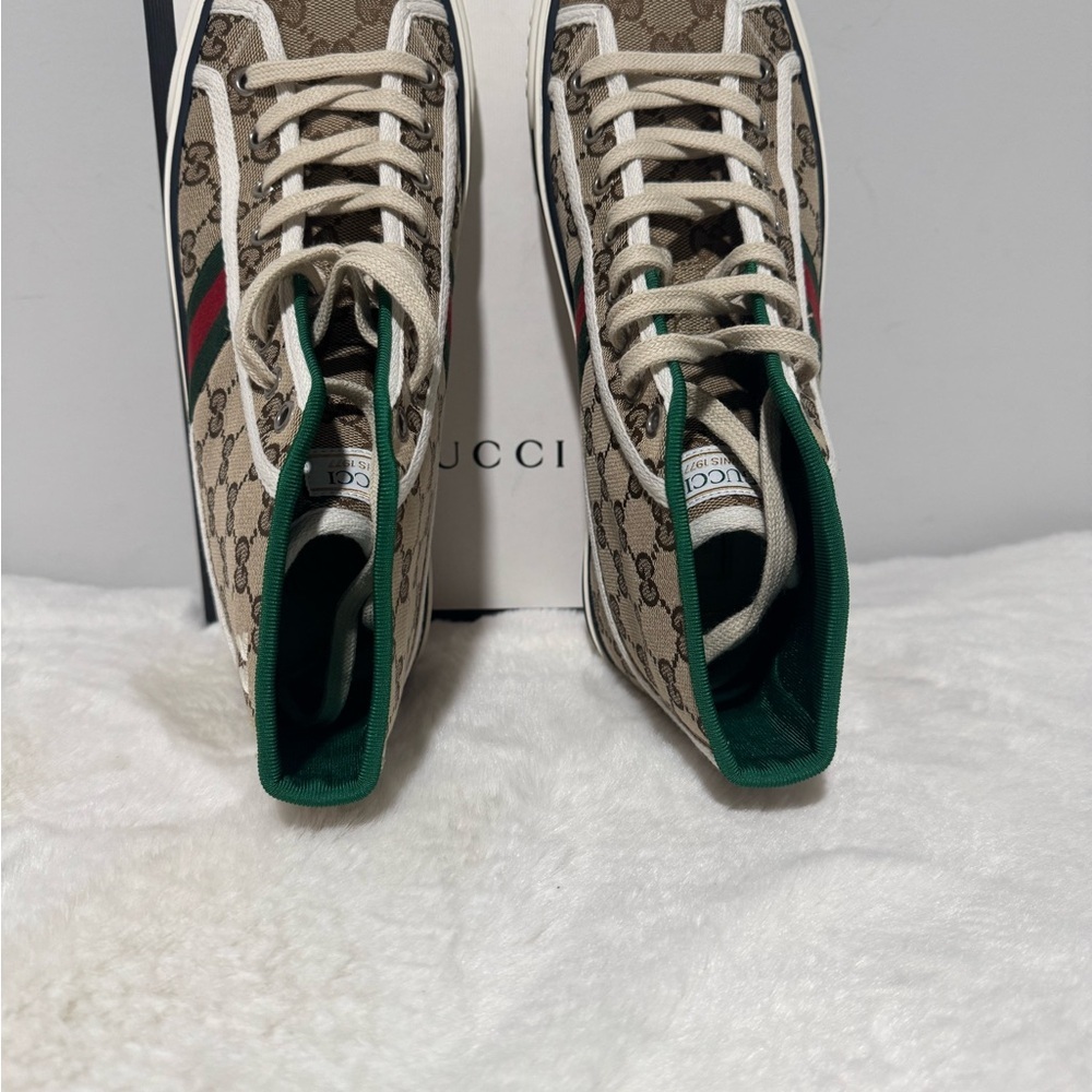 Gucci Beige GG Canvas High-Top Sneaker with Green & Red Web - Picture 5 of 7